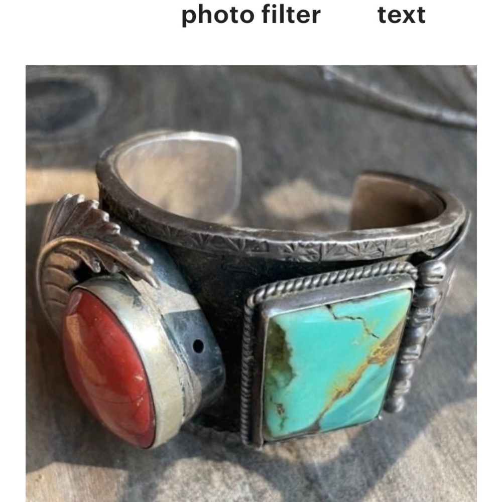 Huge Signed Old Pawn Navajo Cuff Bracelet Sterling, 14K,Turquoise, Coral Vintage